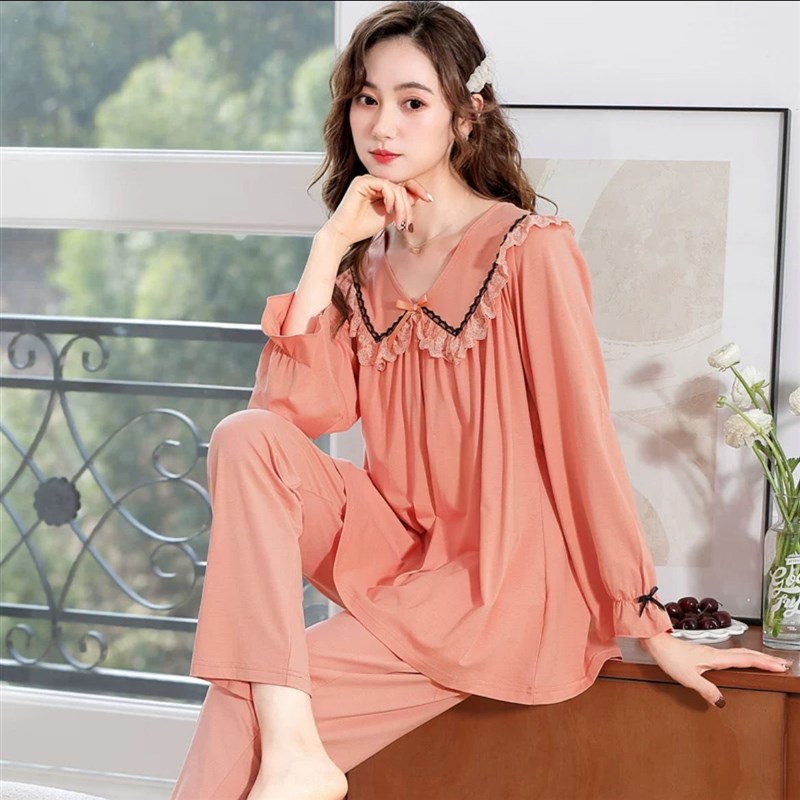 高档纯棉睡衣女春秋季长袖宽松大码日系全棉家居服套装冬可外穿