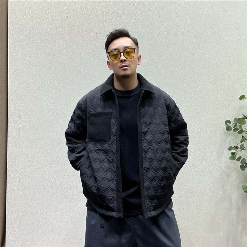浮徒日系复古文艺休闲棉衣夹克男秋冬宽松毛呢翻领拼接菱形格外套