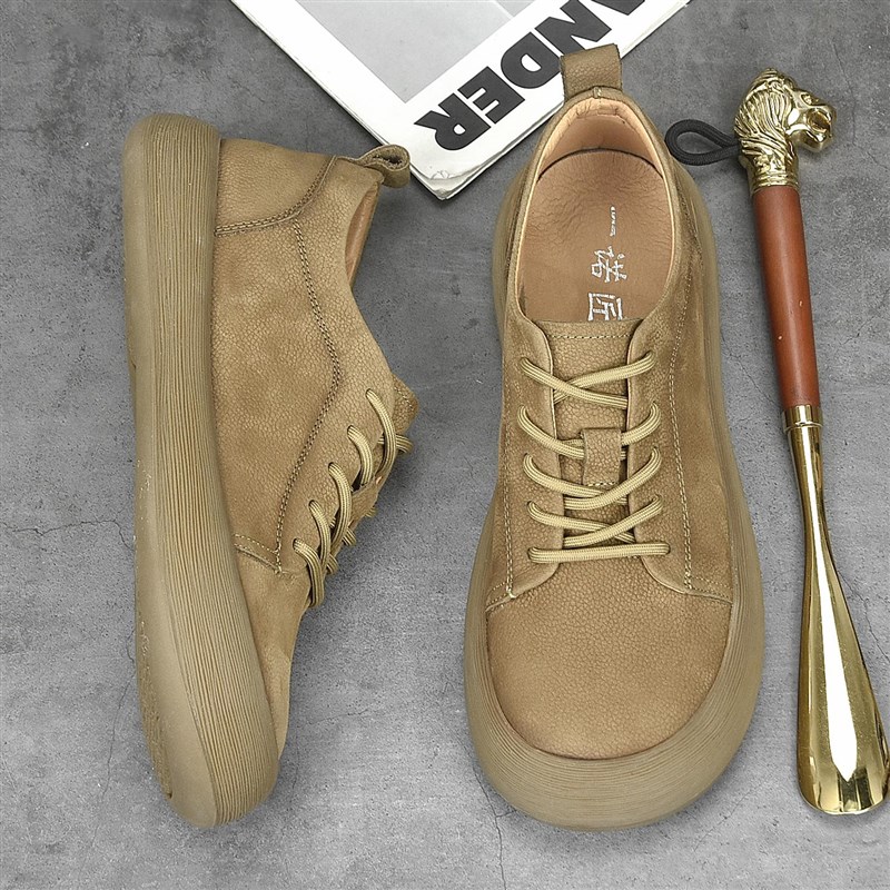 春季新款宽头男鞋真皮休闲皮鞋男复古厚底男士低帮系带单鞋子宽脚