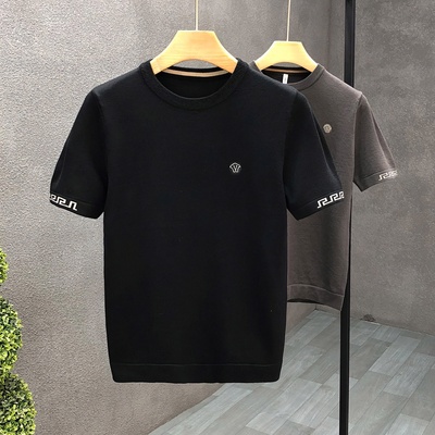 刺绣短袖针织衫男士潮牌潮流半袖毛衣2024年新款春秋季内搭打底衫