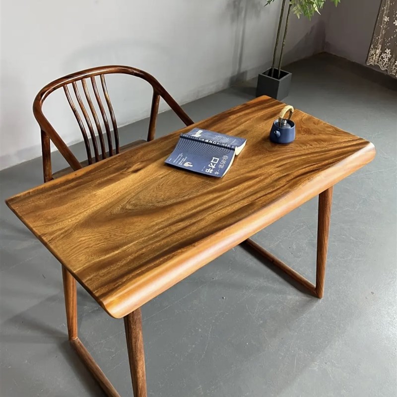 南美胡桃木简约茶桌新中式书桌阳台实木桌休闲桌简易桌原木泡茶桌