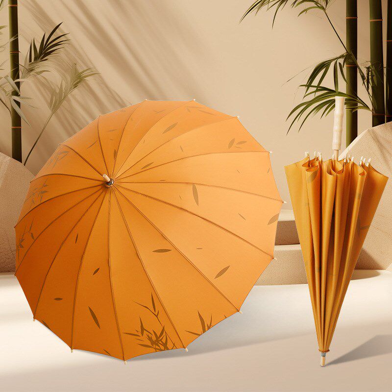 竹柄新款十六骨加长手柄直杆伞竹叶图案古风长柄伞加大抗风可