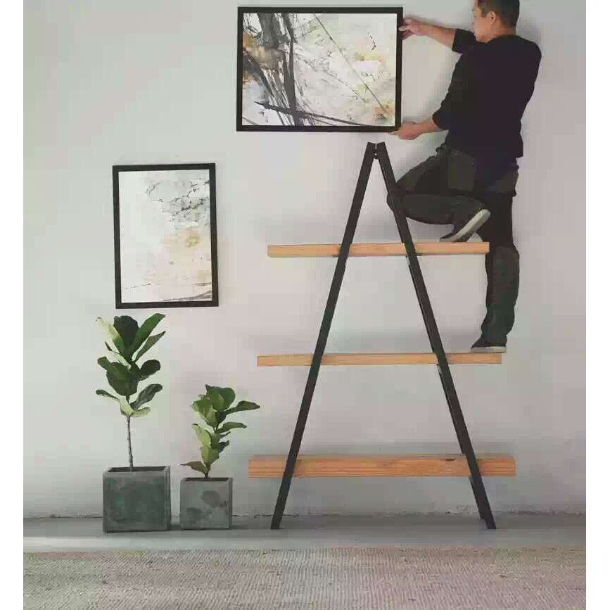 美式铁艺木质书架置物架楼梯简易落地A型陈列架展示架工业风