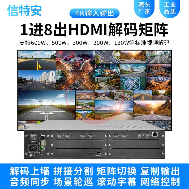 高清1进8出HDMI网络解码矩阵onvif拼接屏八路数字监控视频解码器