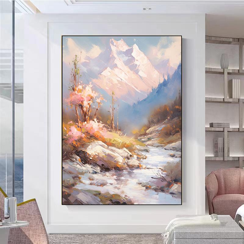 纯手绘抽象风景画中式风格挂画新古典山水装饰画客厅玄关落地油画