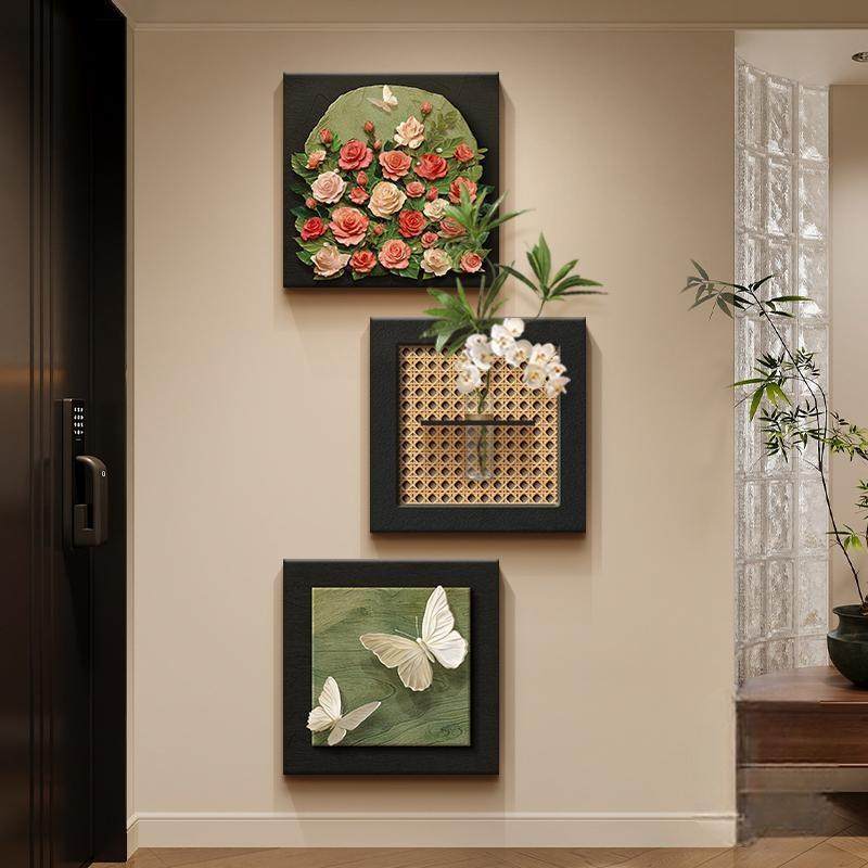 中古风玫瑰入户玄关装饰画水培绿植客厅挂画法式复古走廊过道壁画