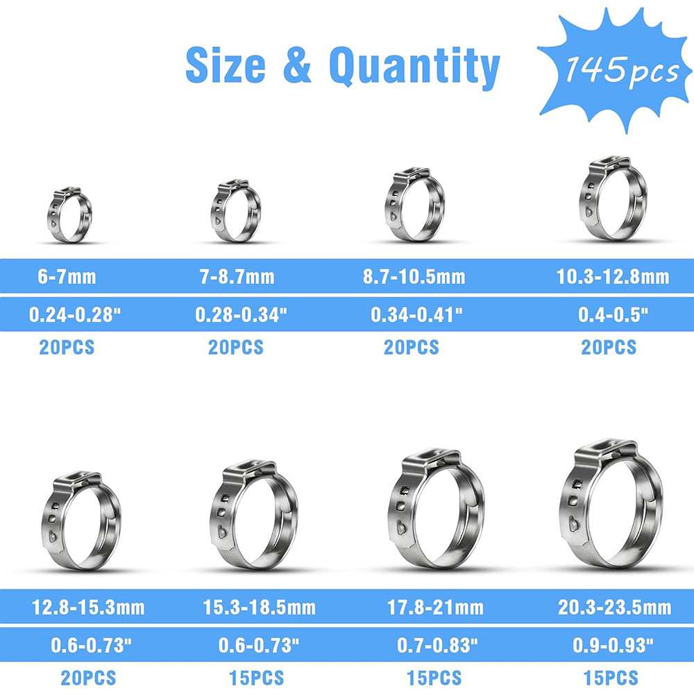 跨境 145PCS盒装 304不锈钢/单耳无极卡箍喉箍 水管油管软管夹
