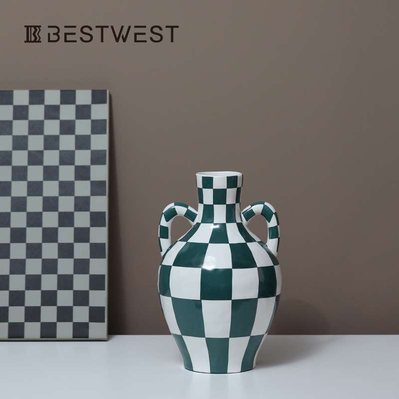 博西家居 黑白棋盘格双耳釉面陶瓷花瓶摆件法式家居客厅花器花盆