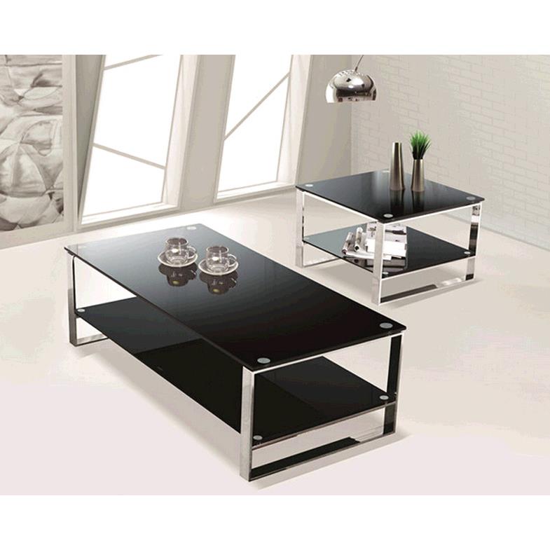 兆星现代简约不锈钢钢化玻璃双层茶几客厅办公室黑色玻璃茶几
