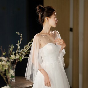 新娘披肩2023新春夏结婚纱钉珍珠薄款礼服大码前短后长钉珠披肩