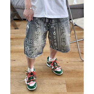 五分短裤 定制民族风腰果花毛边做旧水洗牛仔裤 男街头滑板小众个性