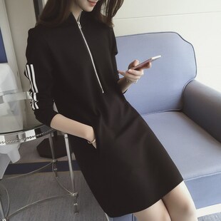 秋冬新款女韩潮学生运动休闲服百搭中长款连帽套头卫衣连衣裙
