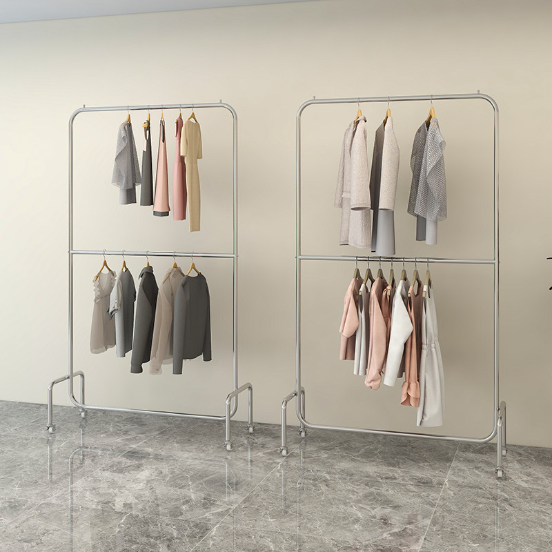 服装店展示架不锈钢拉丝银落地式双层可调节挂衣杆女装店带轮货架