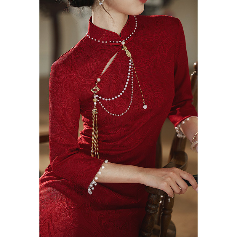 红色旗袍敬酒服新娘2025新款秋冬季长袖高级感结婚订婚礼服鱼尾裙