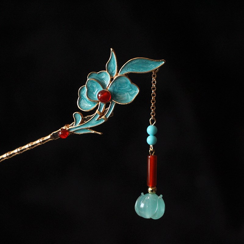 日常简约风发簪新中式烧蓝流苏步摇琉璃花钗簪子旗袍汉服头饰女