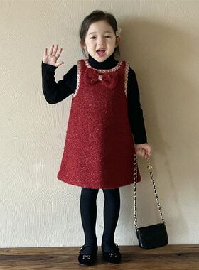 女童毛呢夹棉背心裙2025新春冬装儿童拜年服旗袍裙子女宝宝公主裙