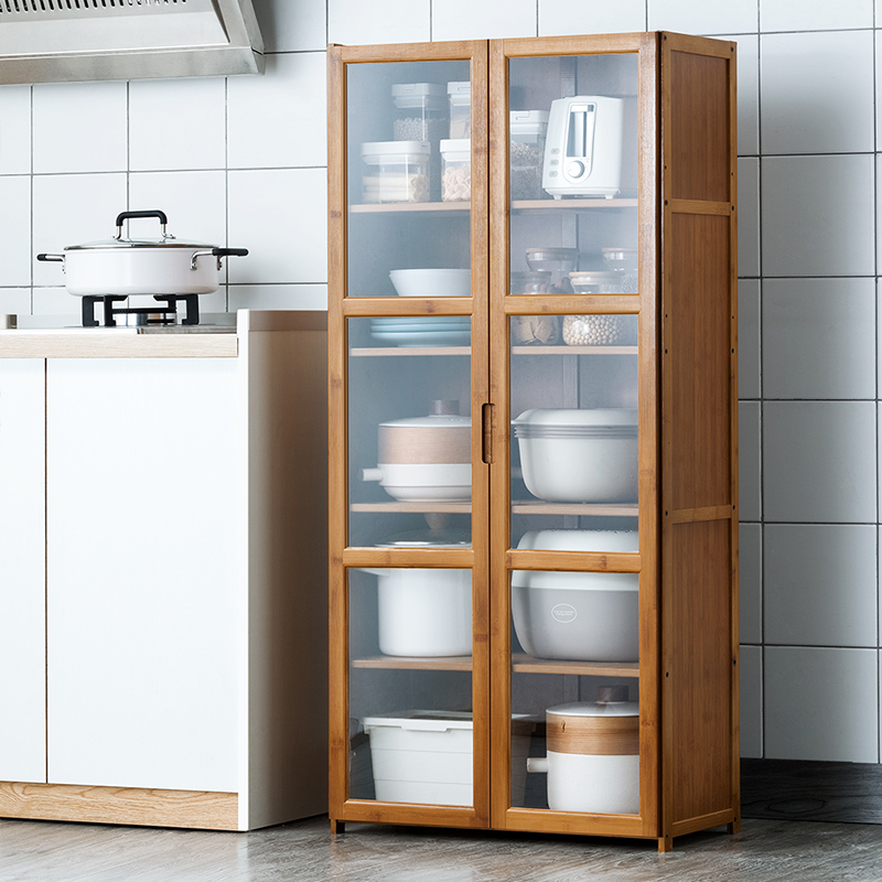 厨房用品收纳柜落地多层碗柜客厅阳台置物架带门储物橱柜竹木书柜
