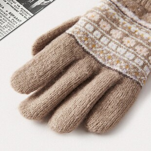 女式保暖触屏手套提花针织毛线手套冬季新款现货拉毛防寒骑行手套