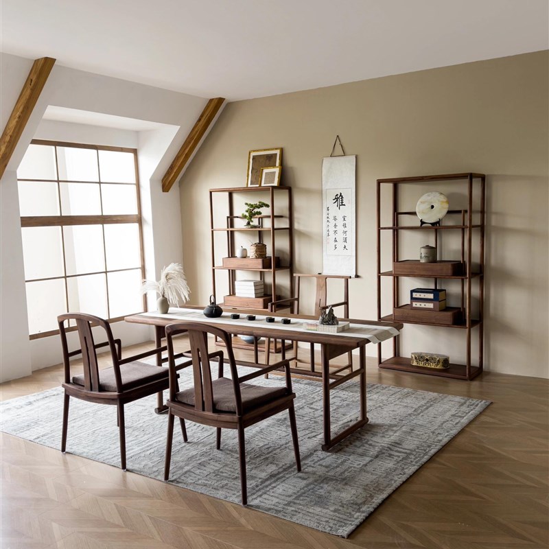 2024新款黑胡桃木简约干泡茶台新中式实木茶桌椅大板书桌画案一体