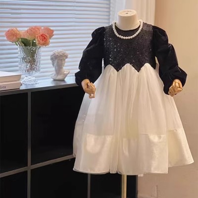 女童礼服洋装2023秋款法式高订赫本风公主裙黑色丝绒蓬蓬纱裙子