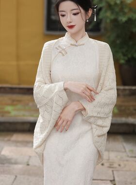 2024秋冬新款针织毛线外搭纯色披肩镂空文艺女披肩旗袍连衣裙外搭