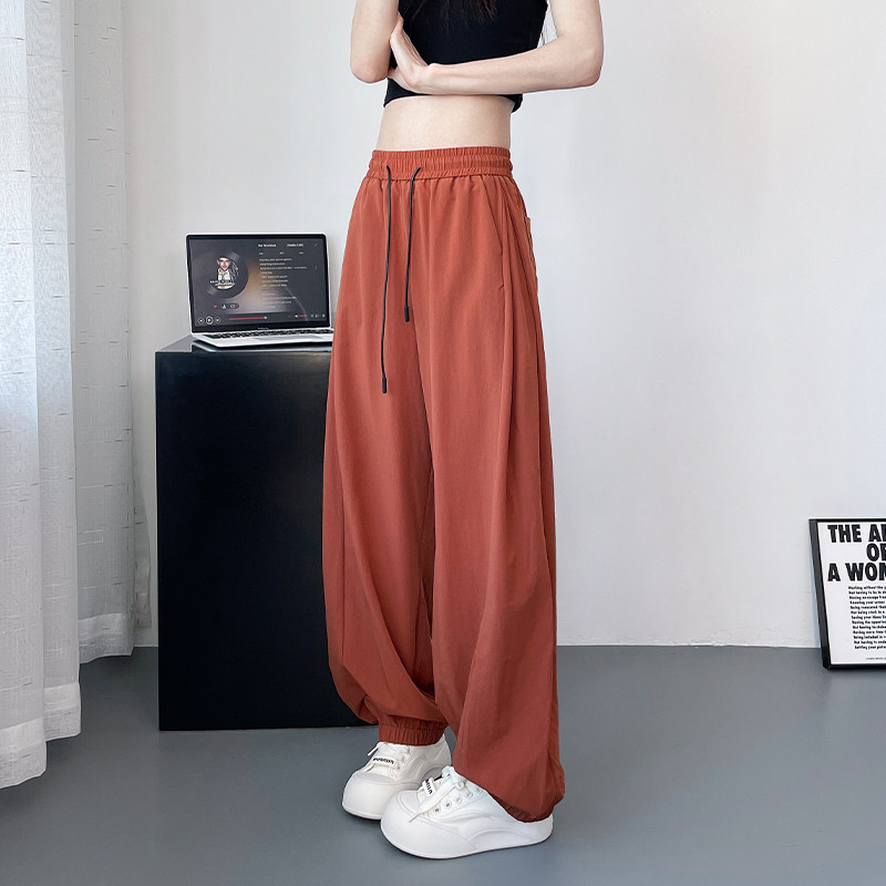 大码宽松显瘦阔腿裤女夏季新款胖mm高腰抽绳休闲裤垂感冰丝灯笼裤