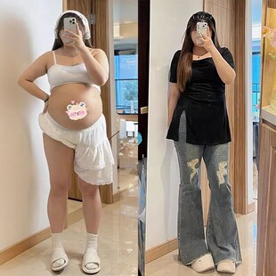 特大码女装破洞微喇牛仔裤女胖mm美式辣妹女裤弹力修身显瘦喇叭裤
