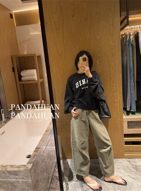 开春神裤*军绿色工装风_膝盖四角打褶复古水洗弯刀9分牛仔裤女