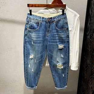 男宽松直筒锥形裤 小脚哈伦裤 子萝卜裤 薄款 夏季 复古潮牌破洞牛仔裤