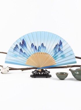 折扇古风绢布扇子中国风千里江山图折叠扇便携随身扇折叠扇男扇