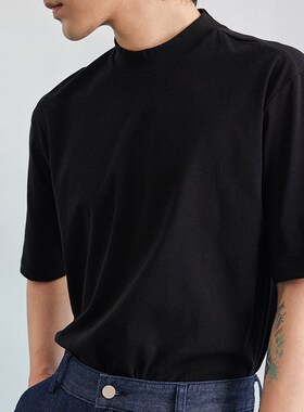 丑时三刻 简约宽松中领T恤男黑色 港风复古短袖高级感百搭小众