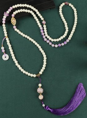 新中式红色朱砂长款斜挎链女檀木流苏毛衣链国风项链古风旗袍配饰