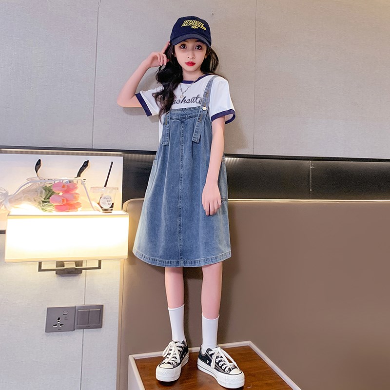 女童牛仔背带裙夏装2024新款大童洋气韩版纯棉短袖儿童连衣裙两件