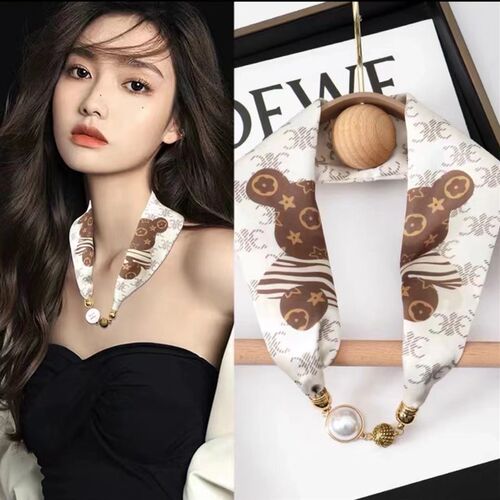 新款珍珠磁扣长条项链小丝巾女简约夏季装饰领巾春秋复古百搭围巾