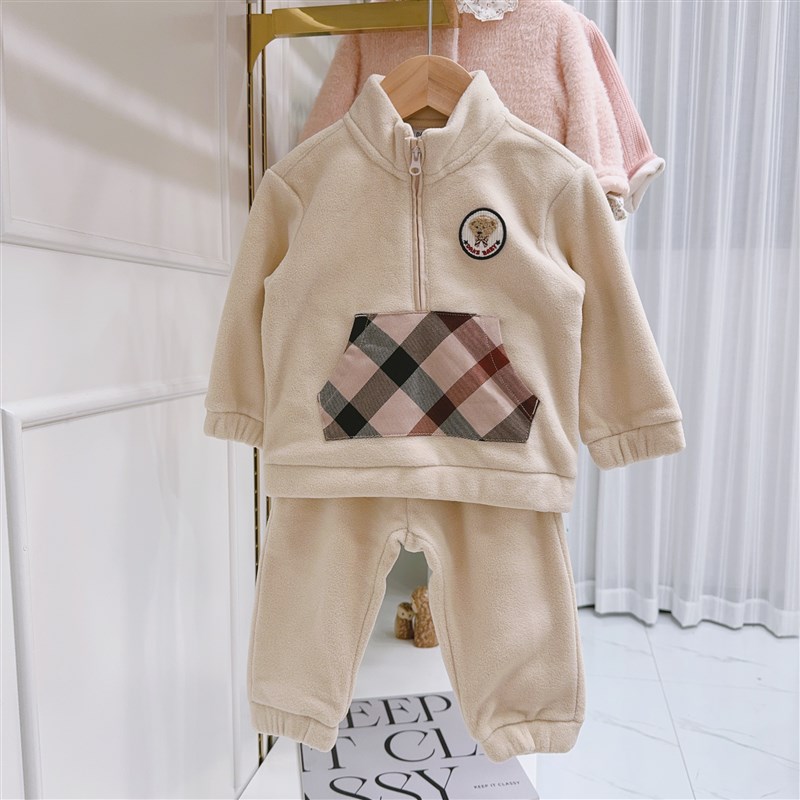 韩国童装 24冬新款儿童宝宝摇粒绒小立领半拉链卫衣 卫裤舒适套装