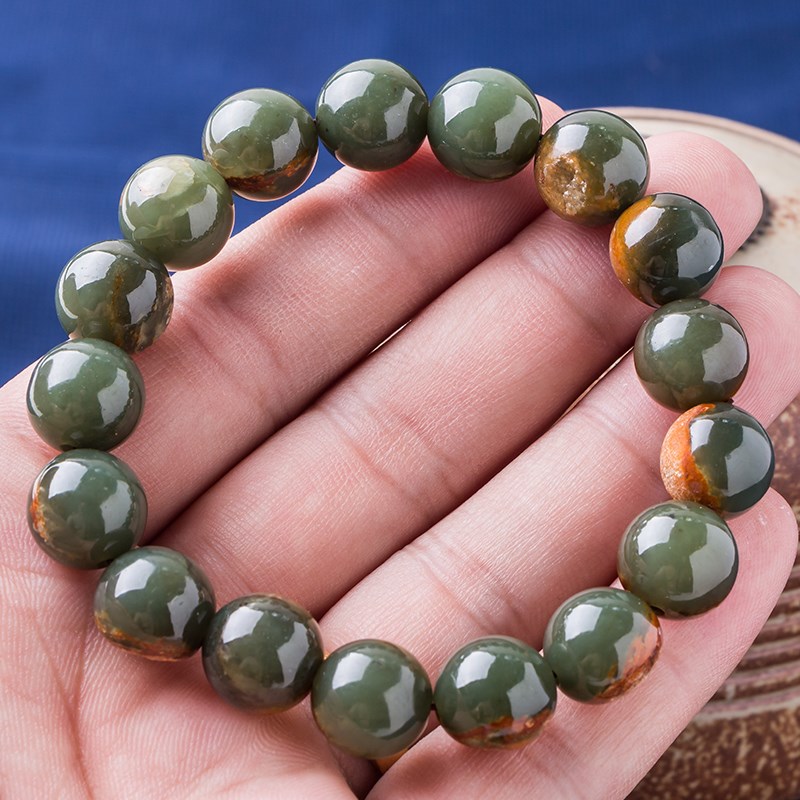 河磨玉12圆珠手串天然析木浅绿色青玉籽料民族风和田透闪石男单圈