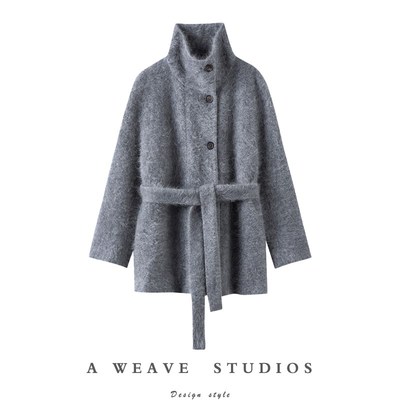 深邃气质美~山羊绒拉绒立领韩版针织大衣单排扣外套女款