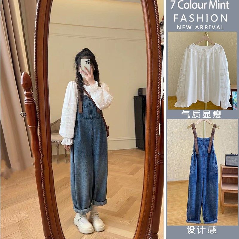 孕妇装多口袋腰侧松紧可调节孕妇牛仔背带裤时尚蕾丝上衣孕妇套装