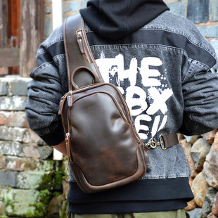 胸包个性 潮流背包头层牛皮斜挎男包真皮单肩包 复古男士 疯马皮新款