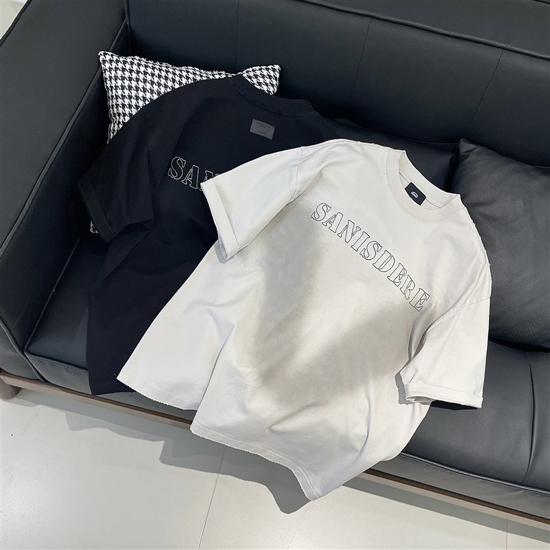 众库美式复古刺绣字母重磅短袖T恤衫男高克重宽松休闲圆领上衣潮