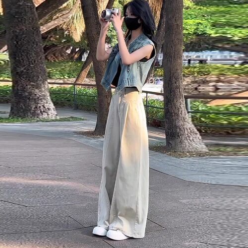 卡其色韩系百搭阔腿牛仔裤女2025春季新款宽松遮胯垂感直筒拖地裤