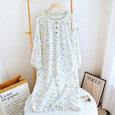 长袖睡裙女纯棉纱布春秋夏季薄款2025新款睡衣小个子家居服孕妇裙