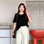 宽松显瘦遮肉烫钻圆领短袖 微胖 T恤上衣2092 女装 mm夏季 喵喵 大码