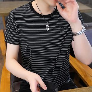 凉感半袖 高端简约圆领体恤衫 上衣 T恤男夏季 丝光棉黑白横条纹短袖