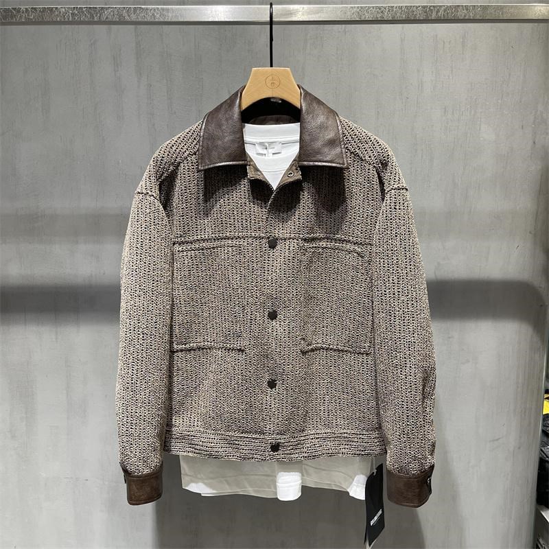 2025春季新款翻领针织拼皮休闲外套男韩版潮流廓形基础款夹克上衣