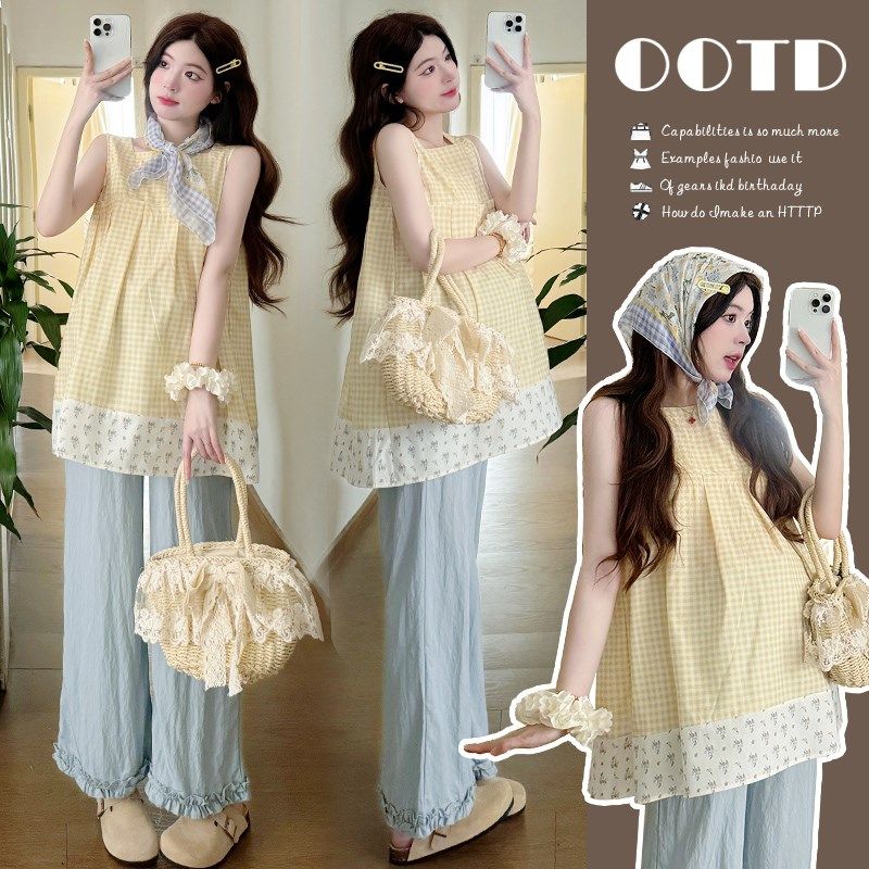 孕妇夏装2025新款时尚套装洋气时髦无袖上衣阔腿裤夏季夏天两件套,孕妇装/孕产妇用品/营养,套装,淘宝优惠券,粉丝福利购,淘宝优惠卷