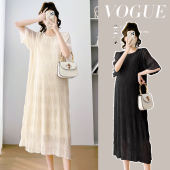 压褶设计感宽松显瘦气质过膝长裙子200斤 孕妇连衣裙时尚 大码 夏季