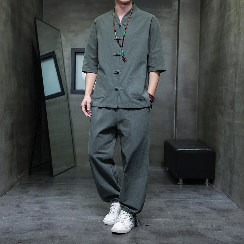 潮牌亚麻套装男夏季透气唐装中国风短袖衬衫新中式大码棉麻两件套