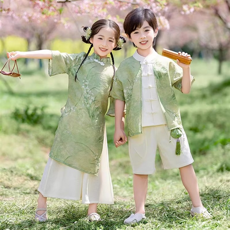 汉服儿童新中式演出服男女童国风旗袍短袖唐装国学服古风夏季新款