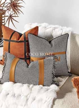 2025新款沙发抱枕橙色床头靠垫pu拼接背靠腰枕高端客厅软装样板房